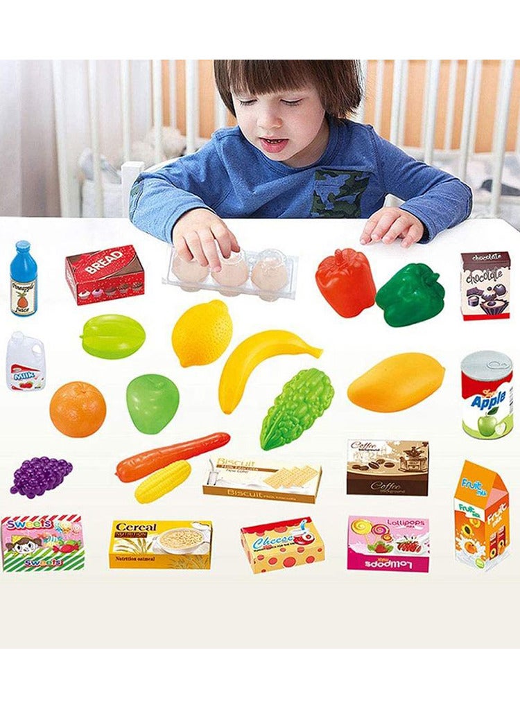 A shopping cart for kids with 41 plastic toy pieces, featuring a variety of food items such as fruits, vegetables, and canned goods, offering children an enjoyable and realistic shopping experience! - Image 2